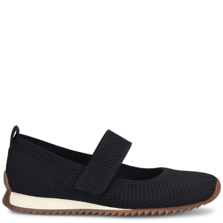 Black shoe with a white sole on a white background