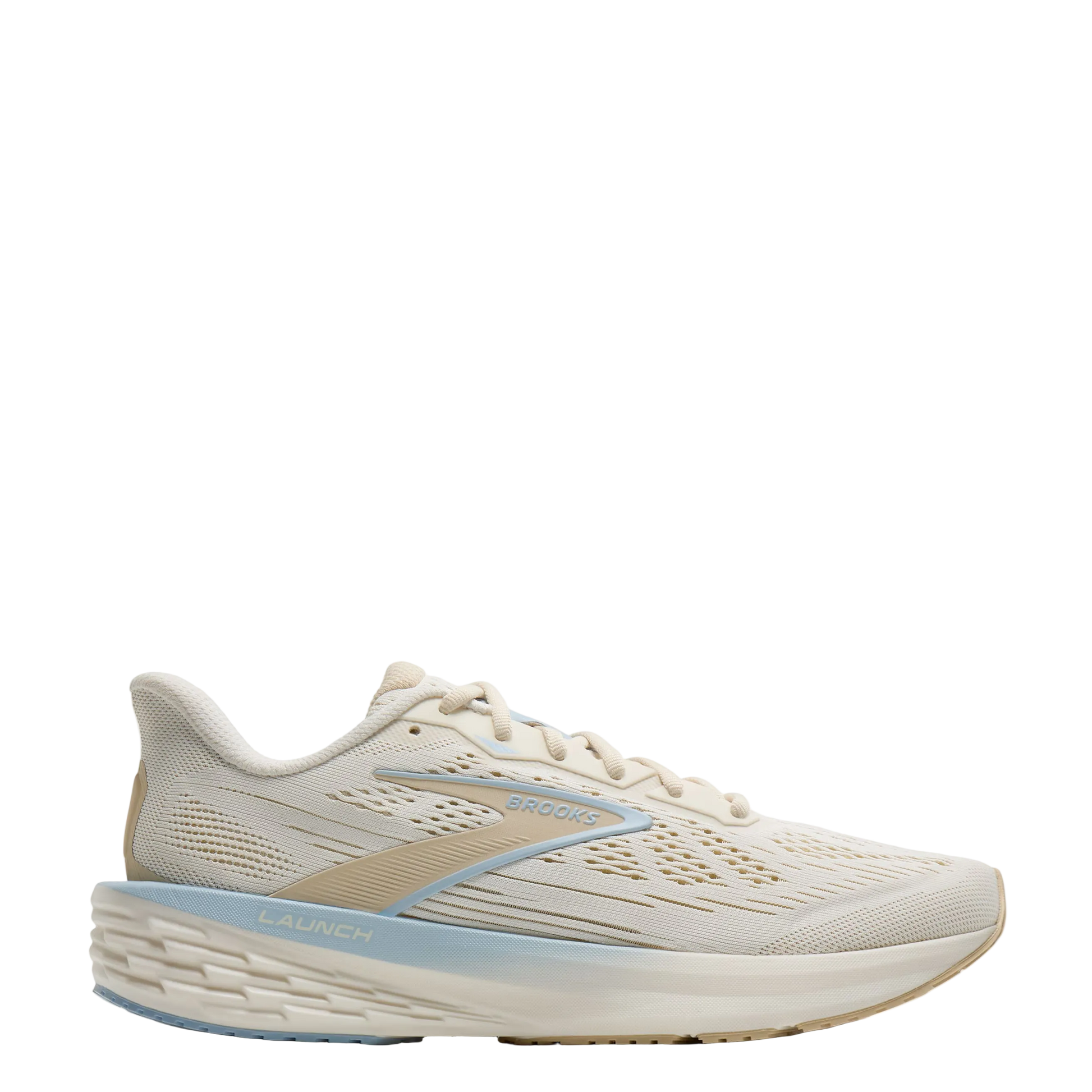 White running shoe with blue accents on a white background