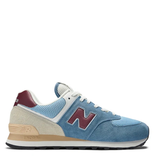 Blue sneaker with maroon accents on a white background