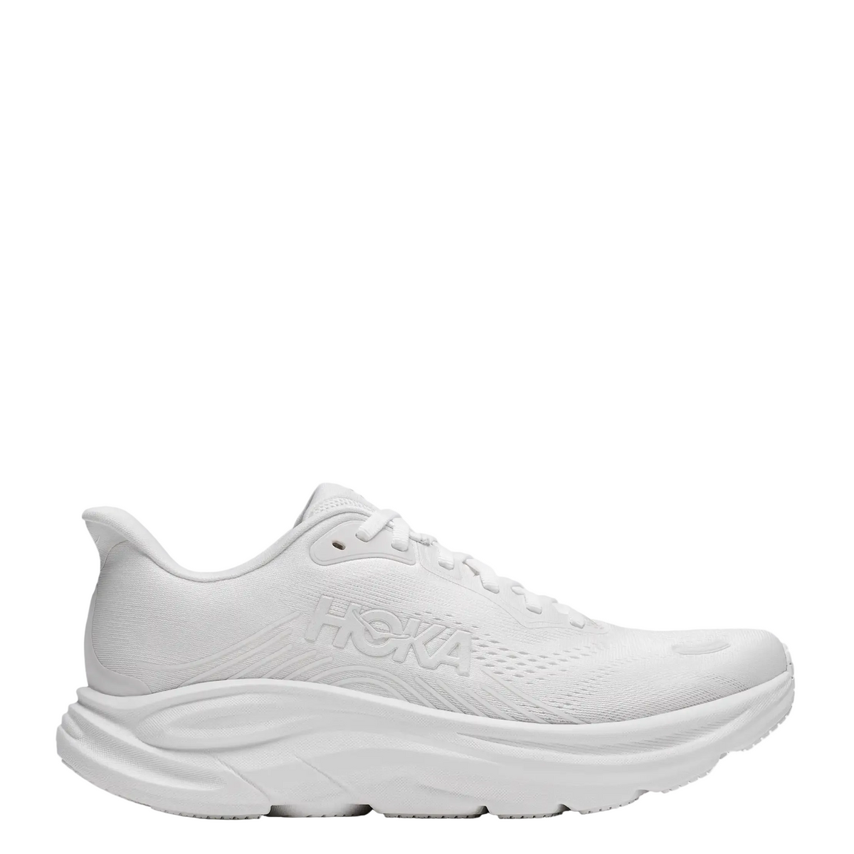 A white HOKA running shoe shown from the side profile against a clean white background.