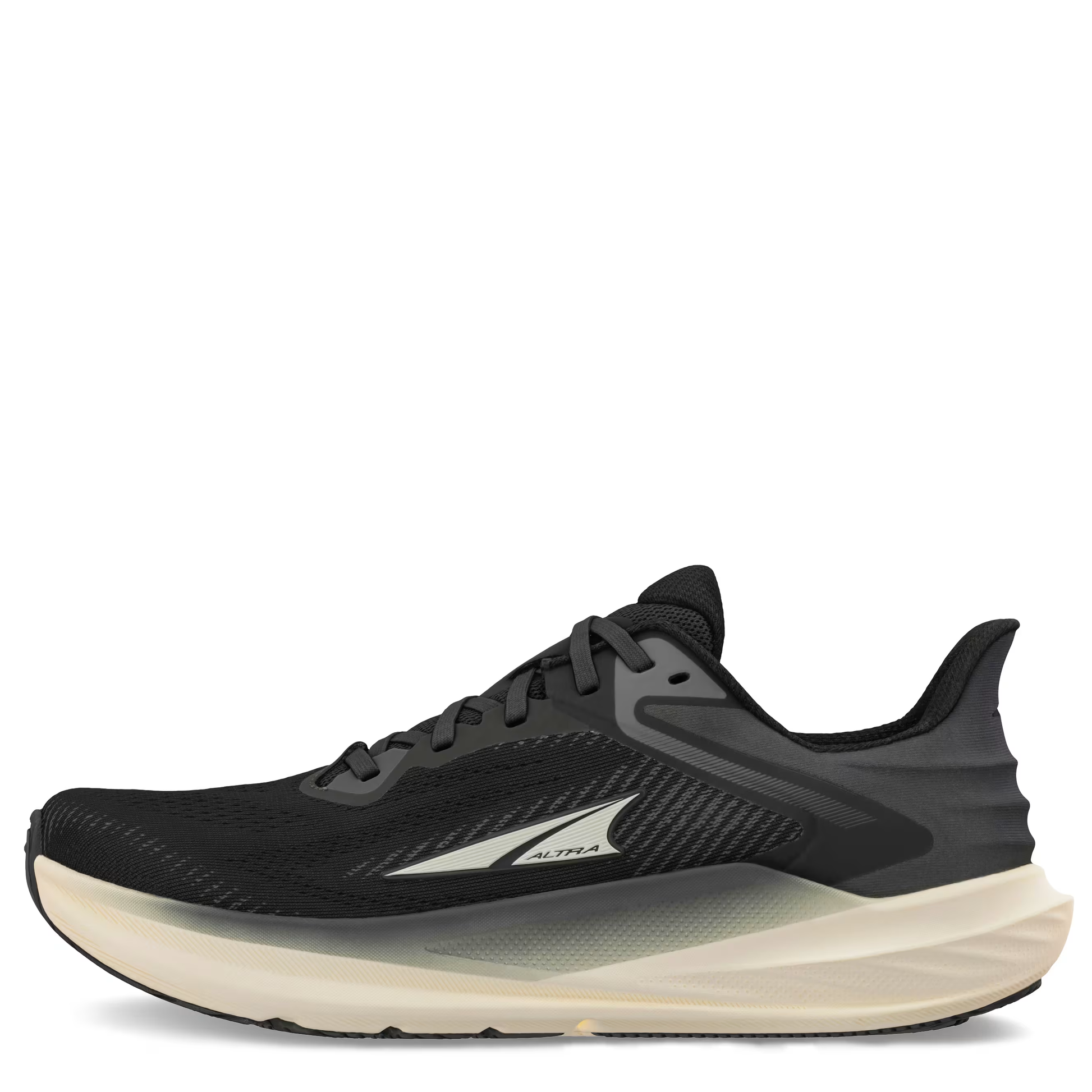 A black Altra women's running shoe with a roomy toe box and a secure midfoot, featuring a breathable mesh upper and a plush midsole.