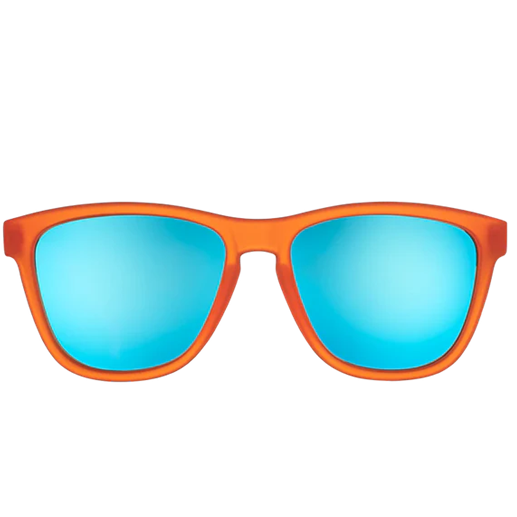 Orange sunglasses with blue lenses on a white background