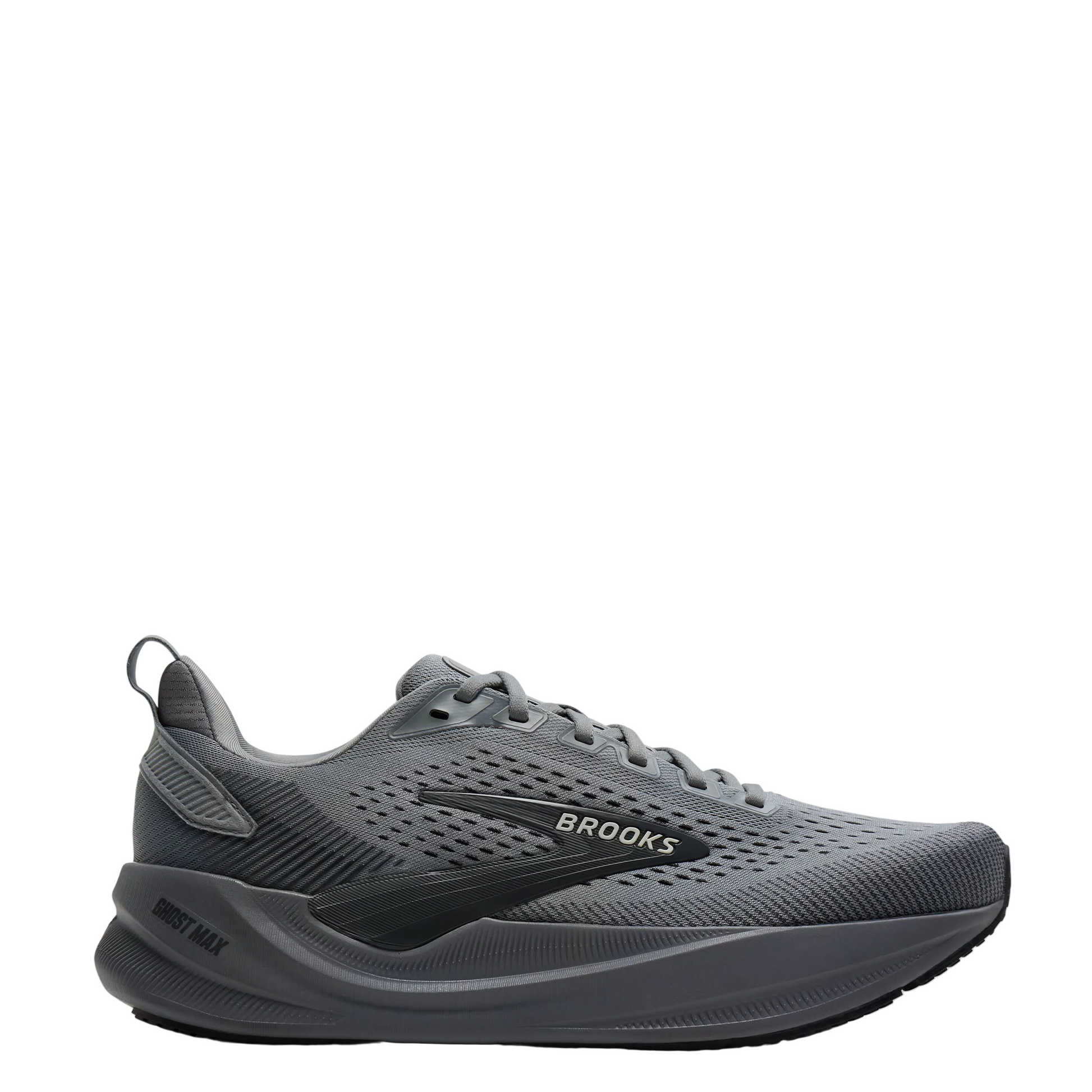 A gray Brooks Ghost Max running shoe shown in a side profile view against a clean white background.