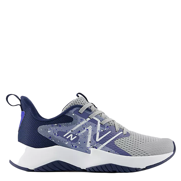 Gray and blue athletic shoe with New Balance logo on a white background