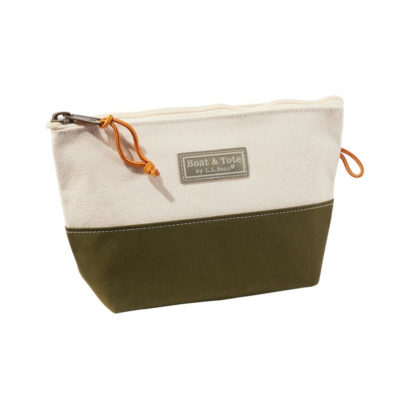 Two-toned beige and green pouch with a visible brand label on a white background