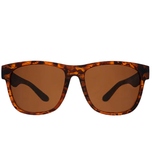 Sunglasses with tortoiseshell frame and brown lenses on a white background