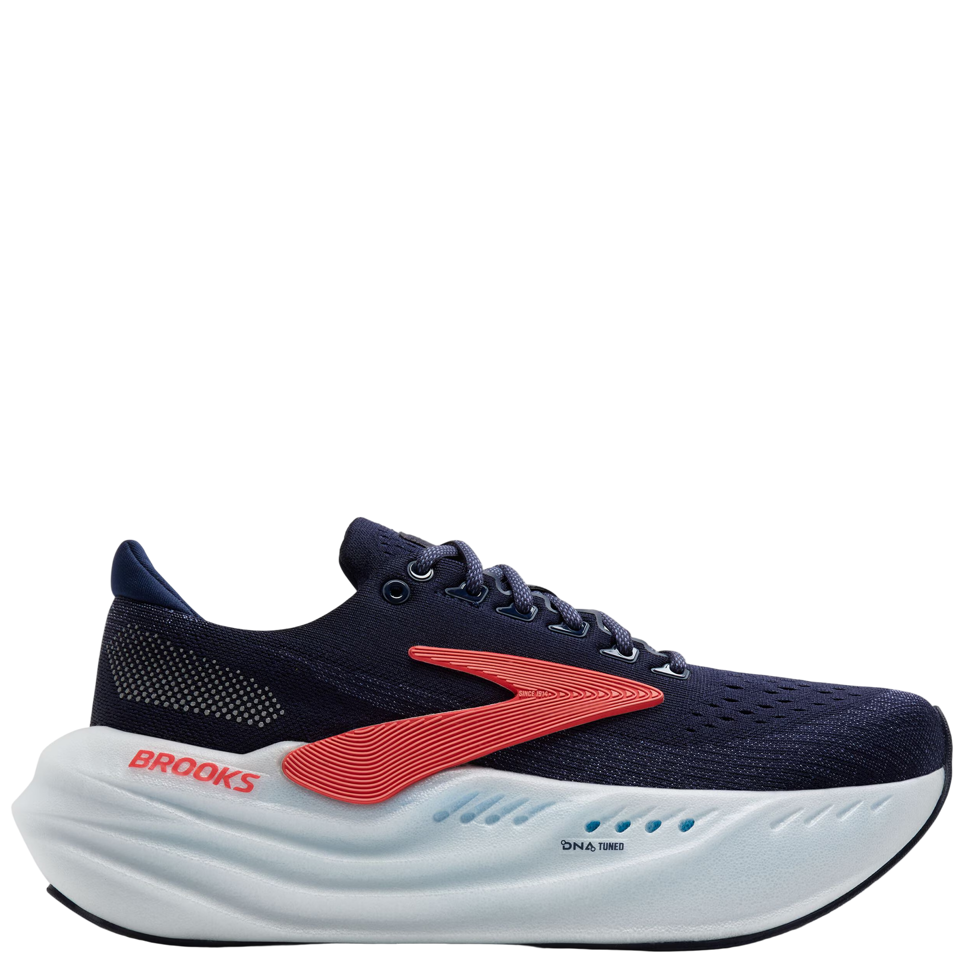Navy running shoe with red accents and Brooks logo on a white background