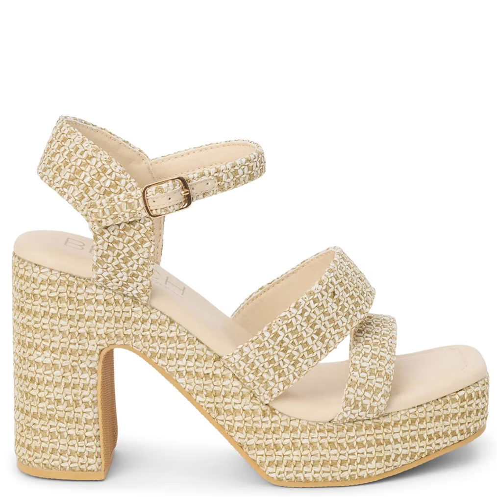 Beige woven sandal with a block heel on a white background