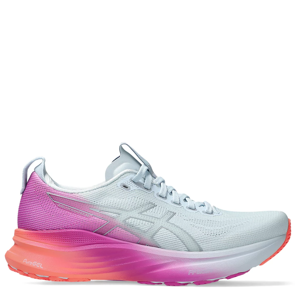White and pink running shoe with gradient sole on a white background