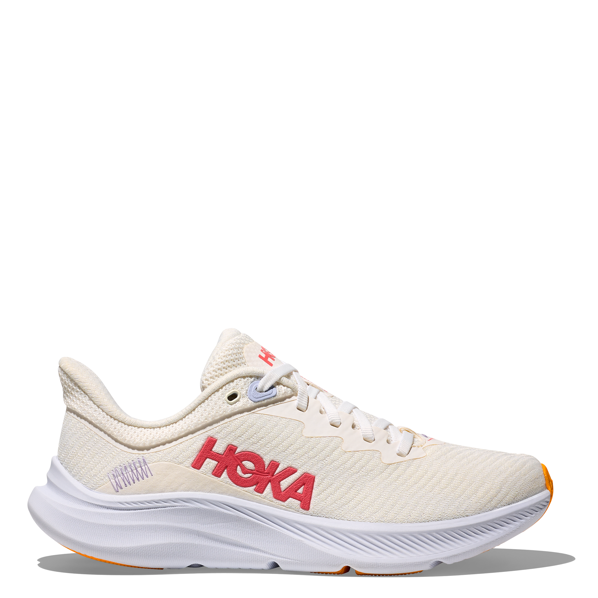A white women's athletic shoe with the brand name 'HOKA' written across the side.