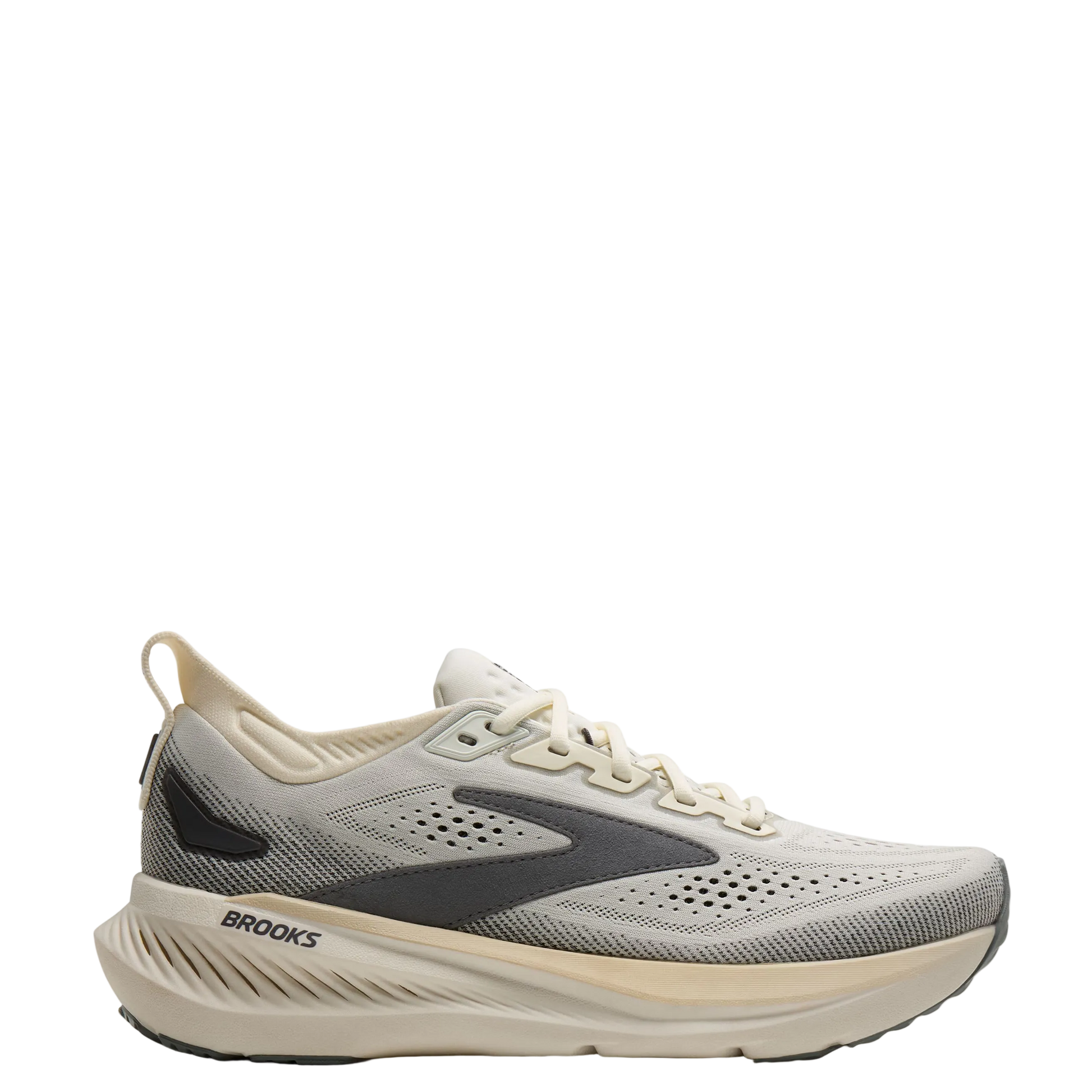Gray and beige running shoe with 'Brooks' branding on a white background