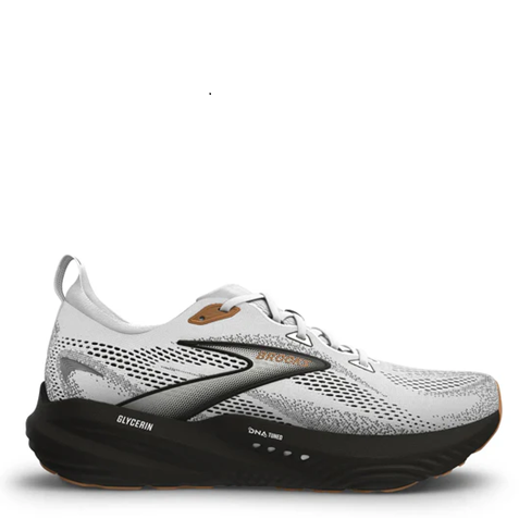 White running shoe with black sole on a white background