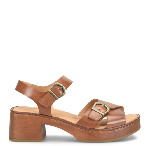 Brown sandal with block heel and gold buckle on a white background