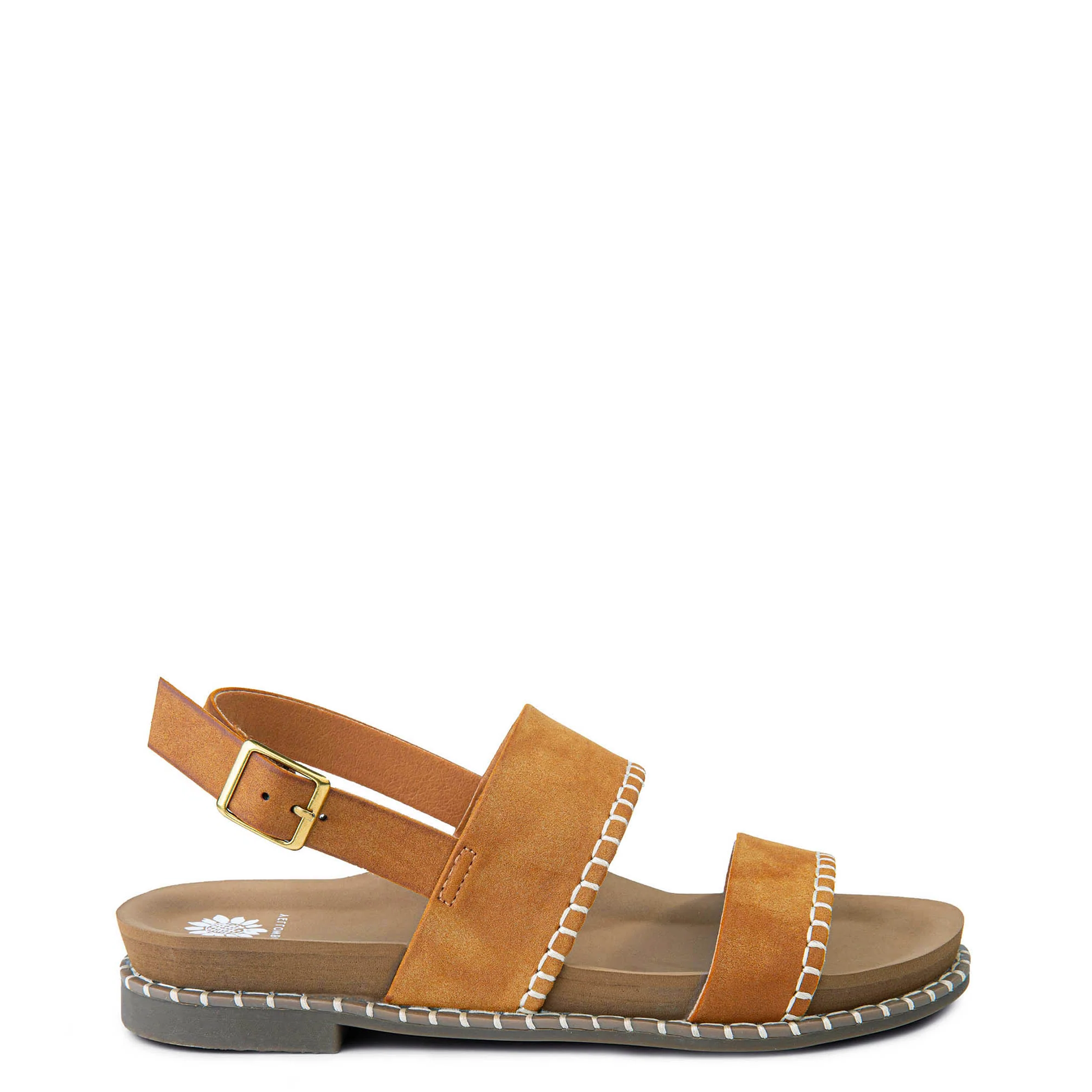 A tan-colored women's sandal with two straps and an adjustable buckle strap, featuring a cushioned footbed and a jute-wrapped welt.