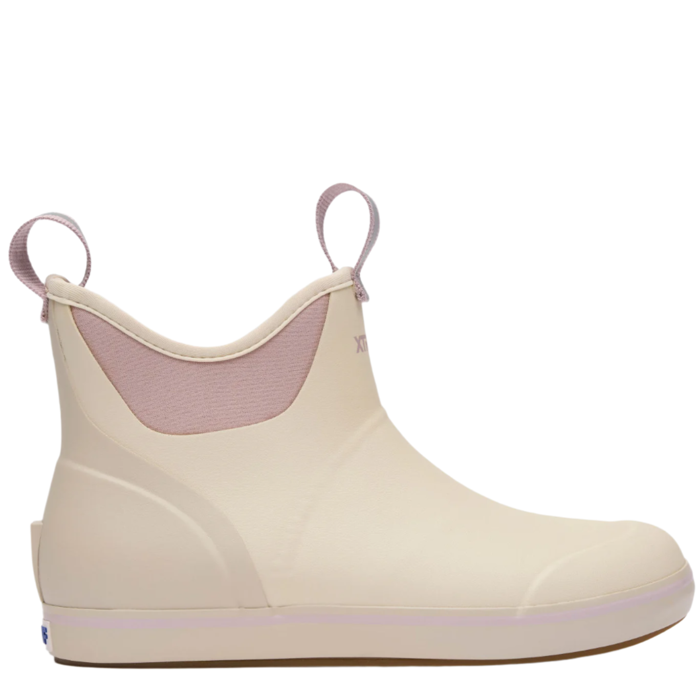 Beige rain boot with pink interior on a white background