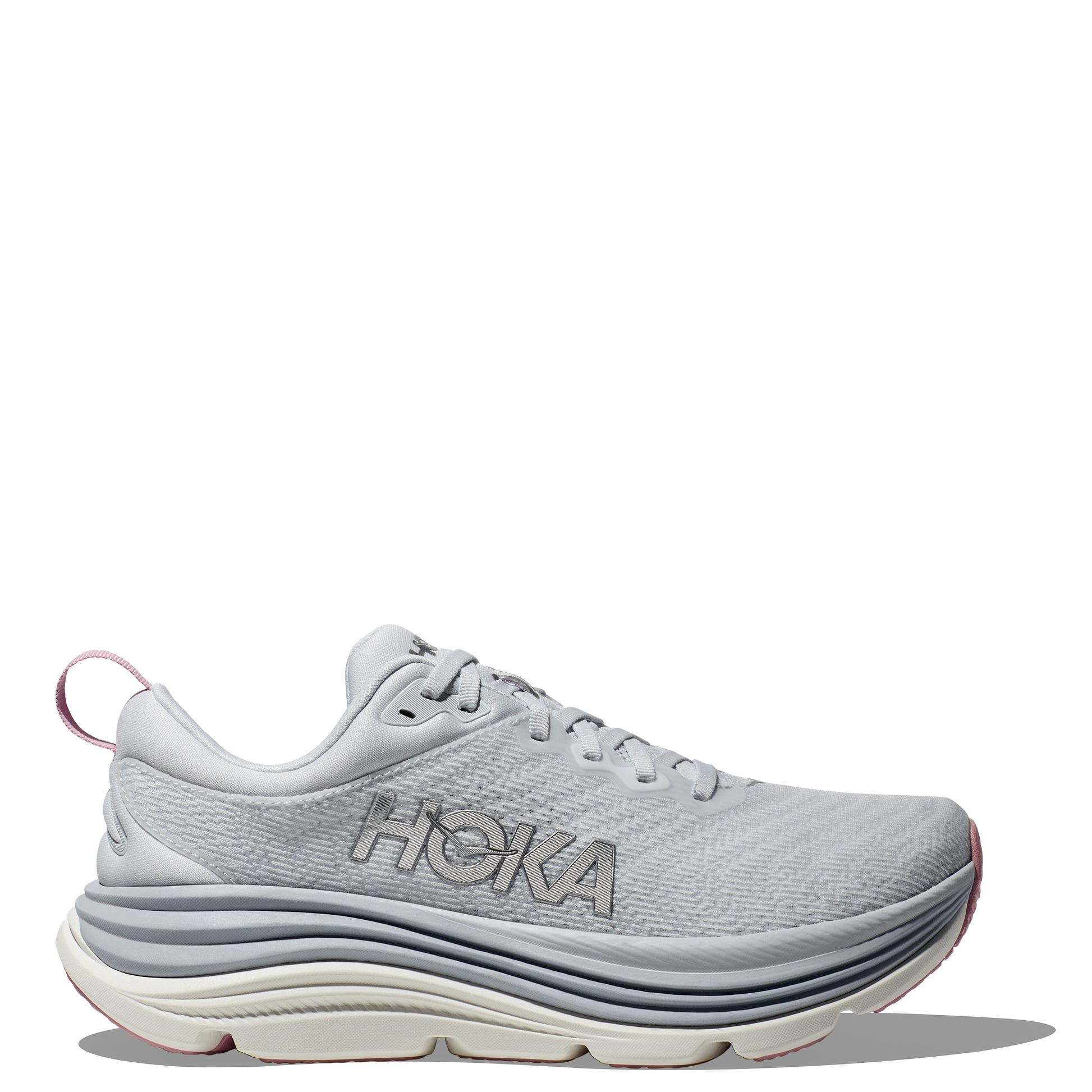 A pair of Hoka women's running shoes with a grey breathable creel jacquard upper and a white sole.