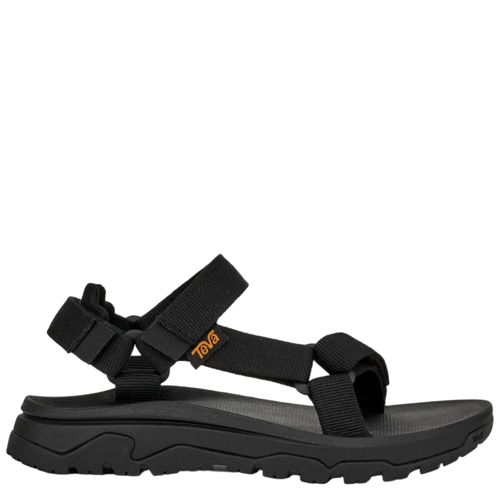 Black sandal with multiple straps on a white background