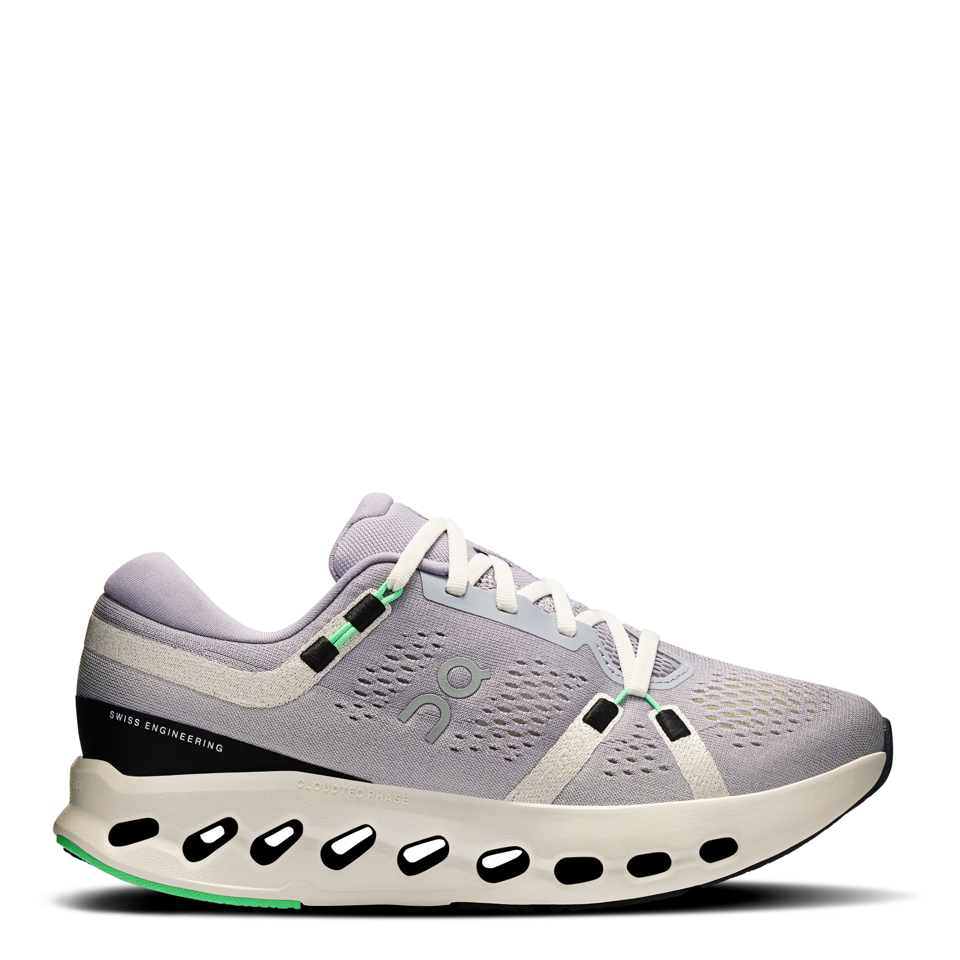 Gray running shoe with white laces on a white background