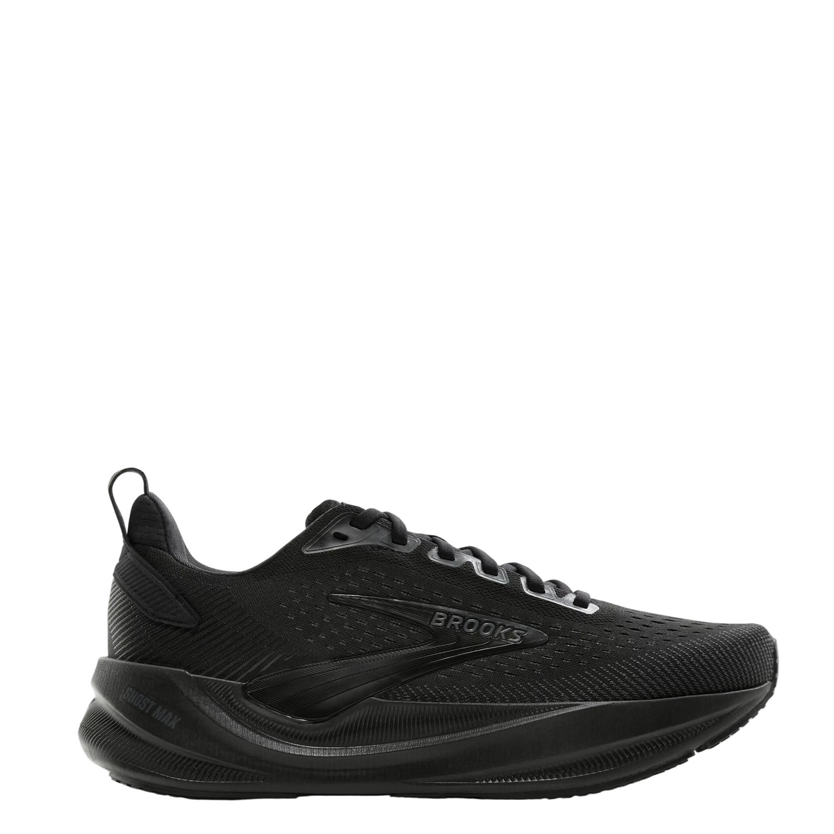 A black Brooks running shoe shown from a side profile view against a clean white background.