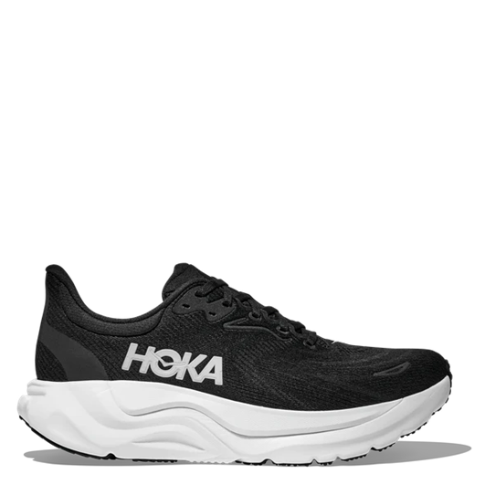 Black running shoe with white sole on a white background