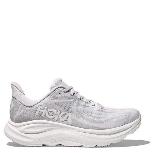 White Hoka running shoe on a white background
