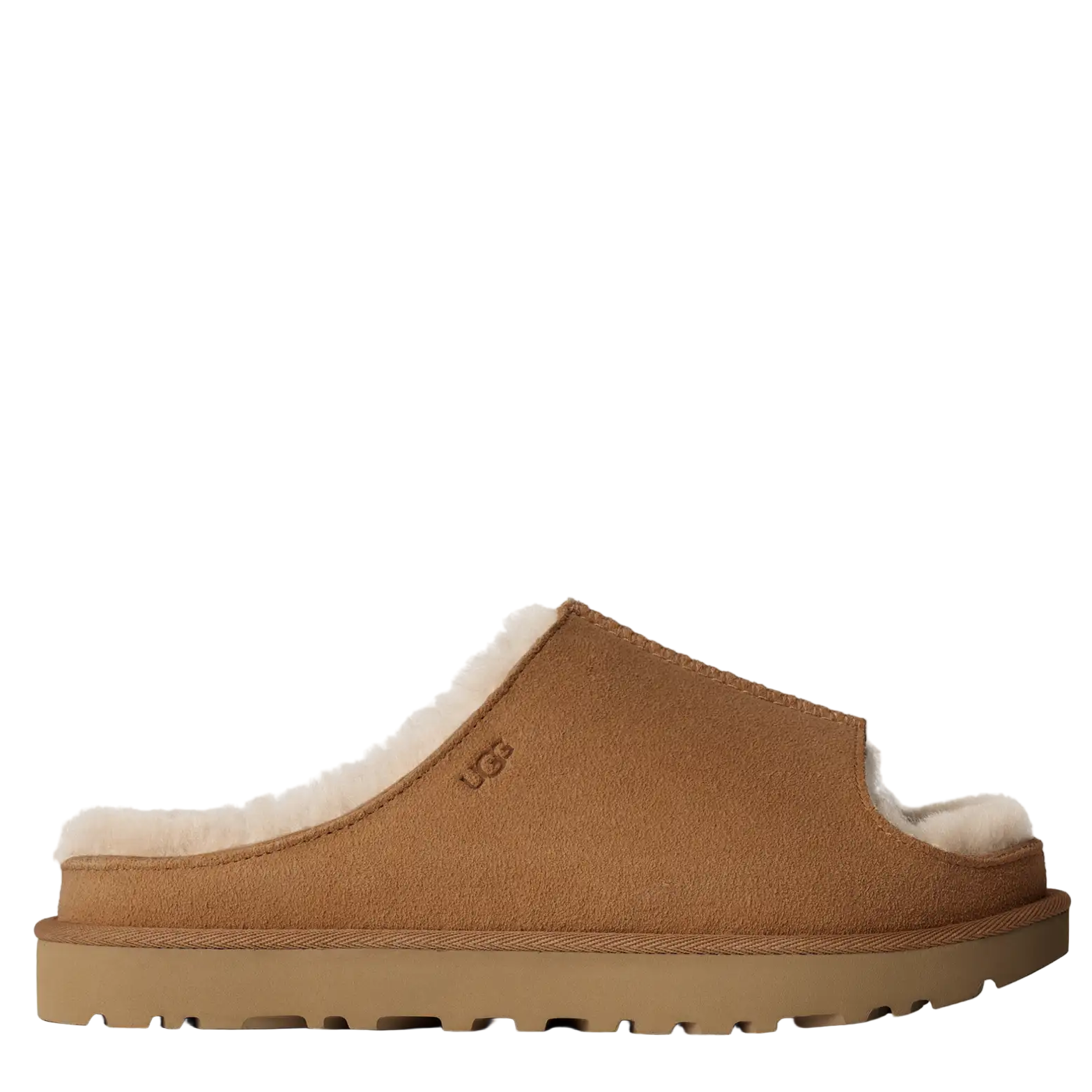 Brown slipper with white fur lining on a white background