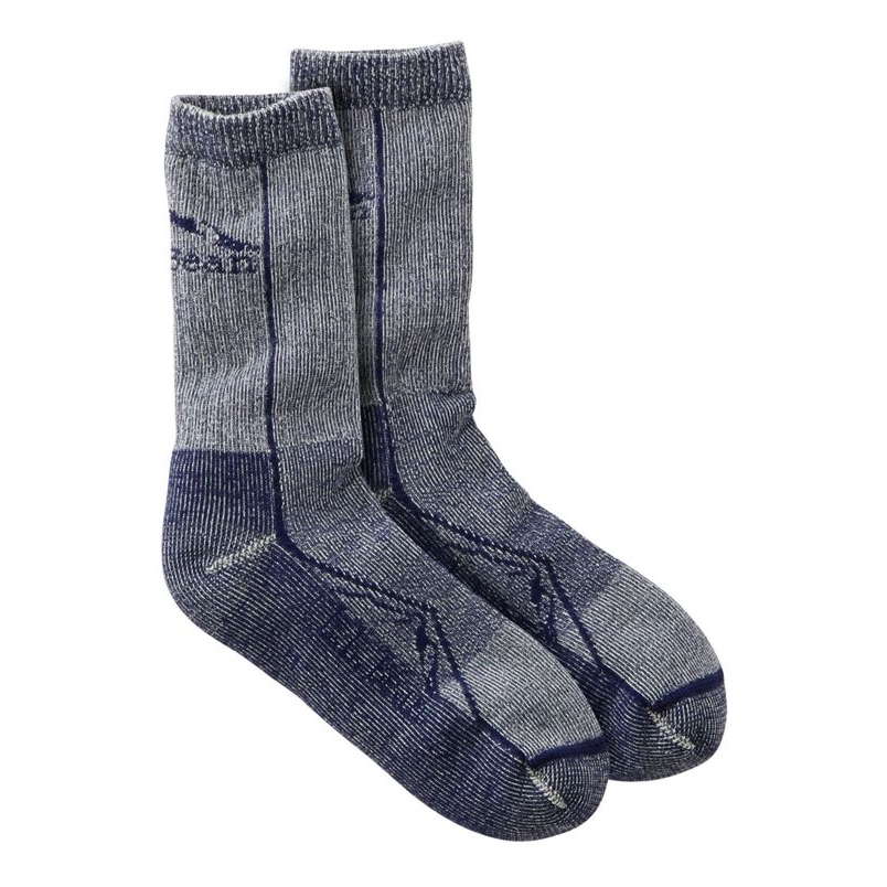 Pair of gray socks with a brand logo on a white background