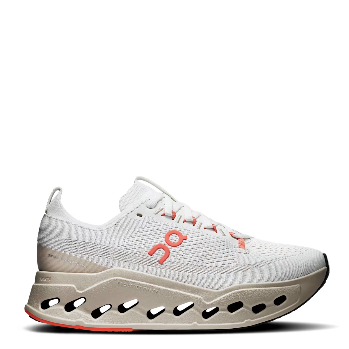 White running shoe with orange accents on a white background