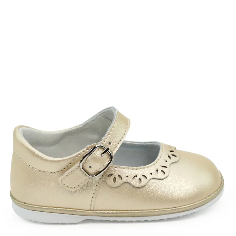 Beige shoe with a strap on a white background