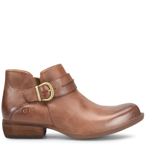 Brown leather boot with a gold buckle on a white background