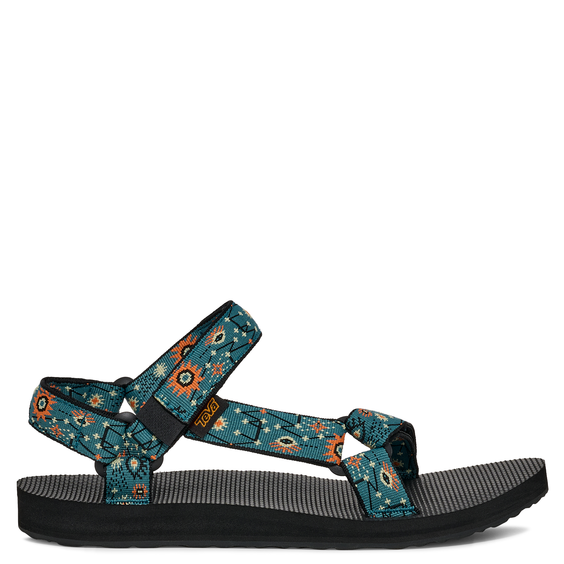 Teal sandal with floral pattern on a white background