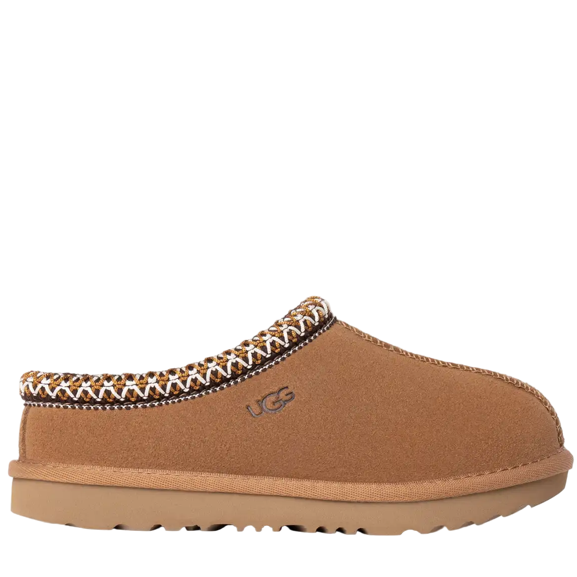 Brown UGG slipper with decorative trim on a white background