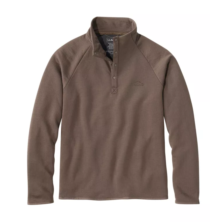 A brown waffle-knit long-sleeve quarter-zip pullover from Patagonia, featuring a stand-up collar, three-button placket, and a small embroidered mountain logo on the left chest.