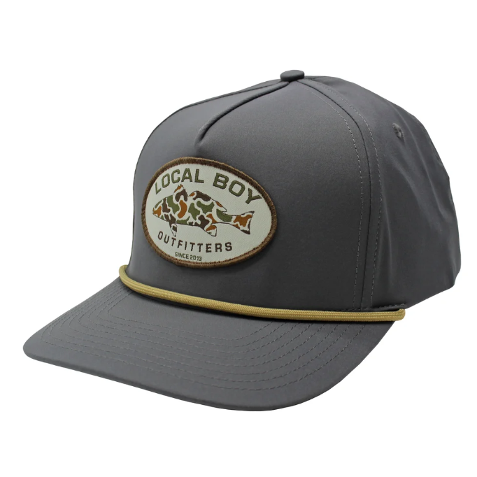 A grey rope hat featuring a round patch that says 'LOCAL BOY OUTFITTERS' with a fish in camo in the center of the patch