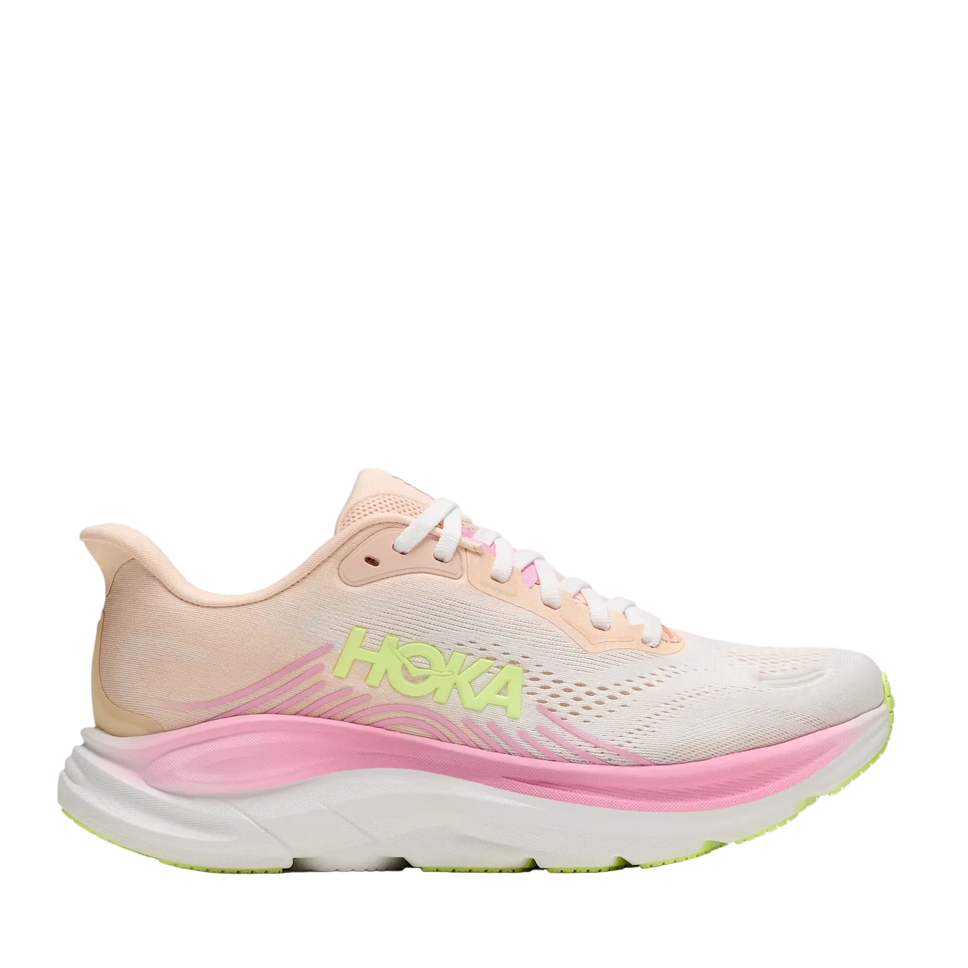A Hoka running shoe in a light peach and white colorway with a prominent pink midsole and neon yellow-green accents on the logo and outsole.