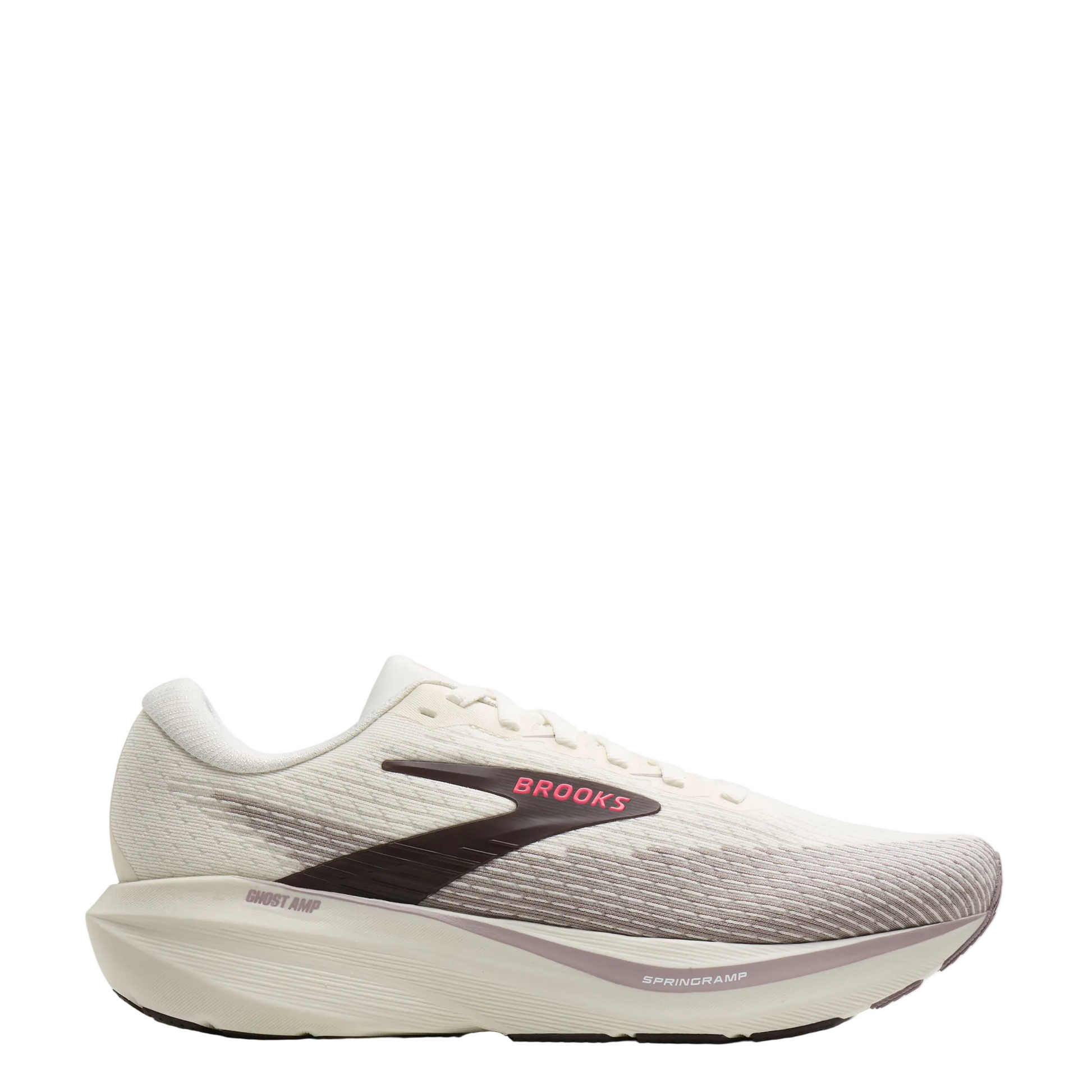 Brooks Ghost Run 14 running shoe in white and light gray with a dark brown logo and pink Brooks branding, shown from a side profile on a light gray background.