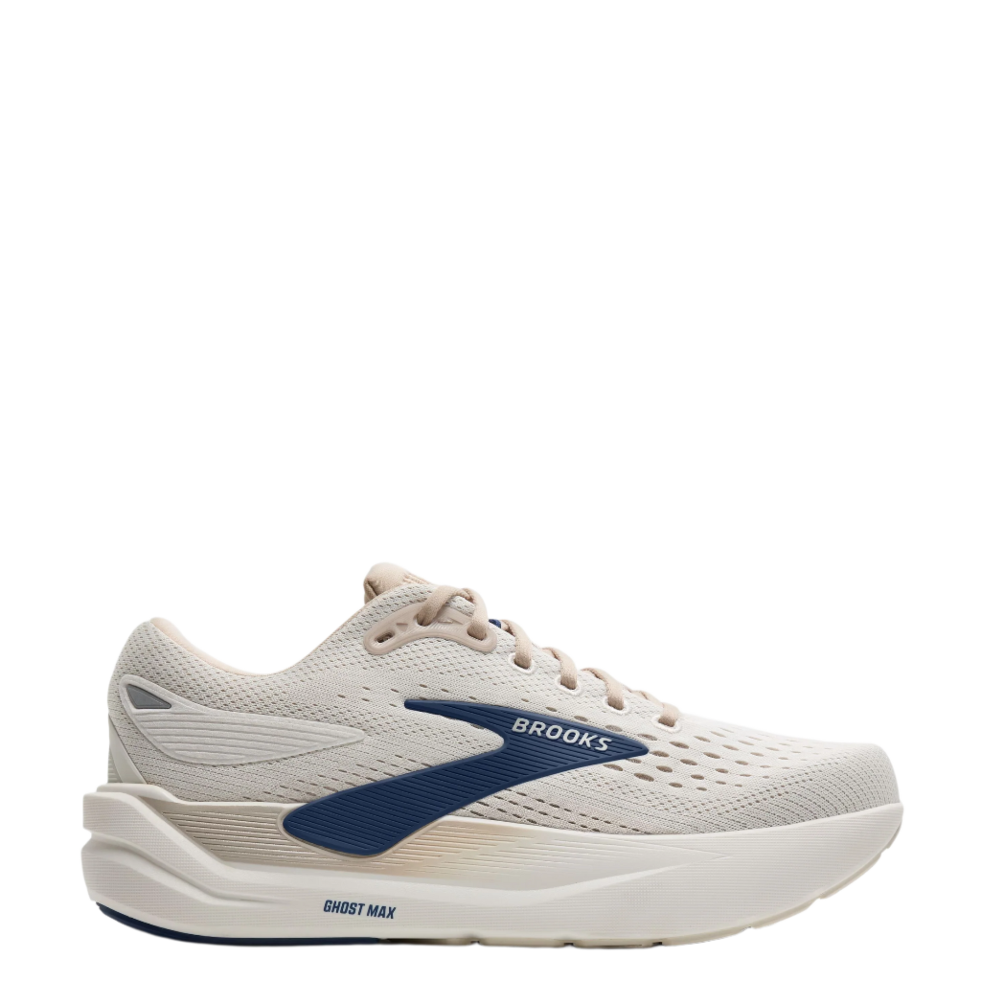 White running shoe with blue accents on a white background