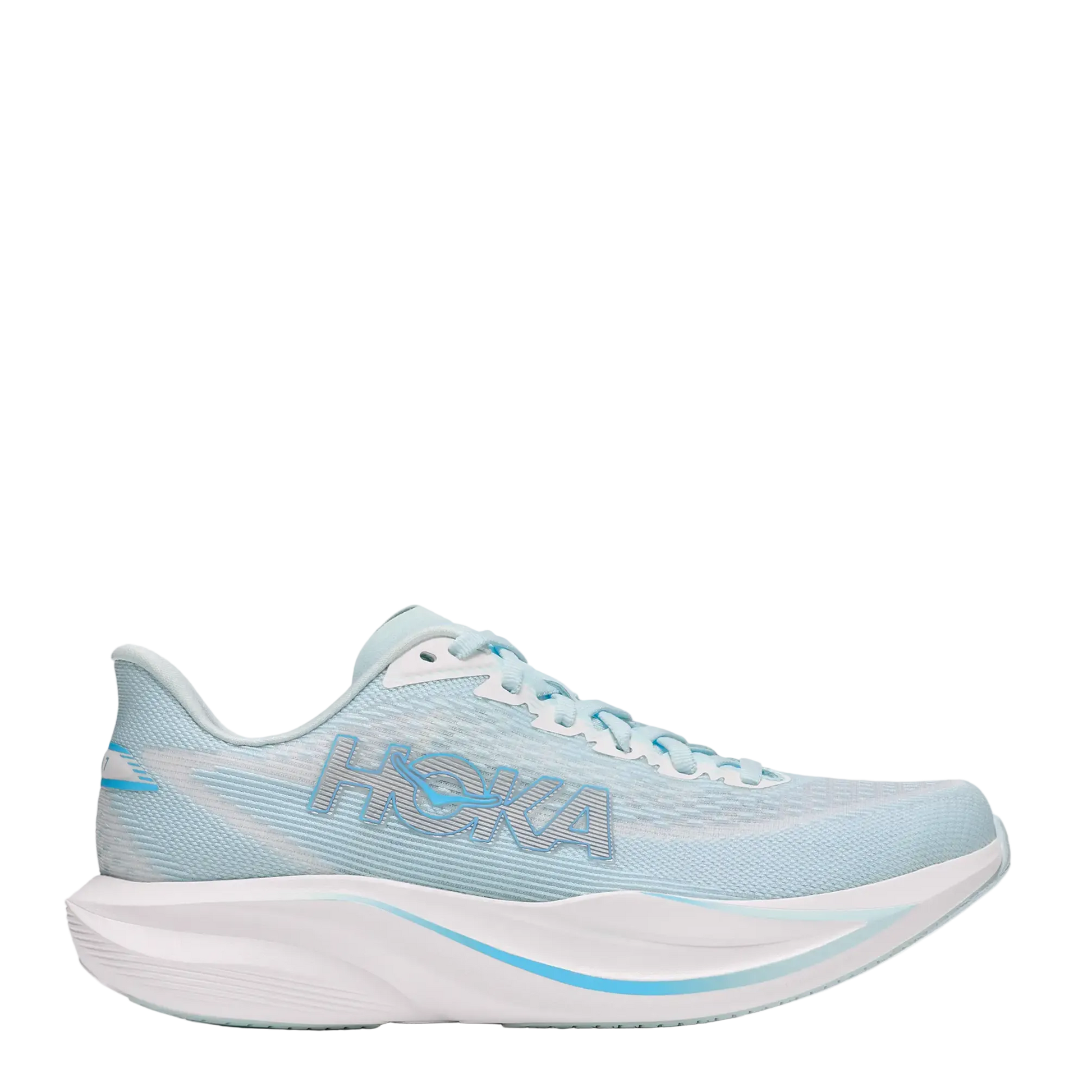 A light blue and white HOKA running shoe shown from the side against a plain white background.