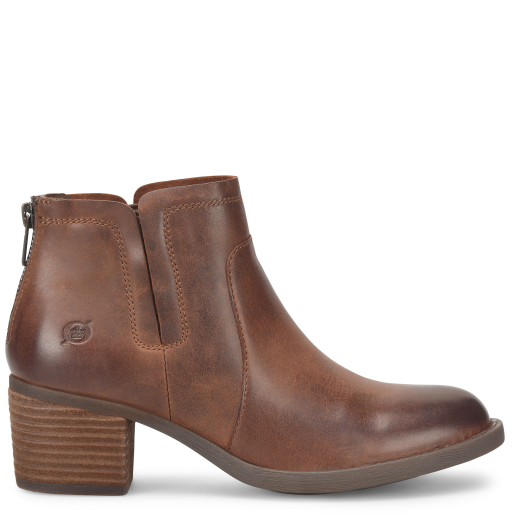 Brown leather ankle boot with a block heel on a white background