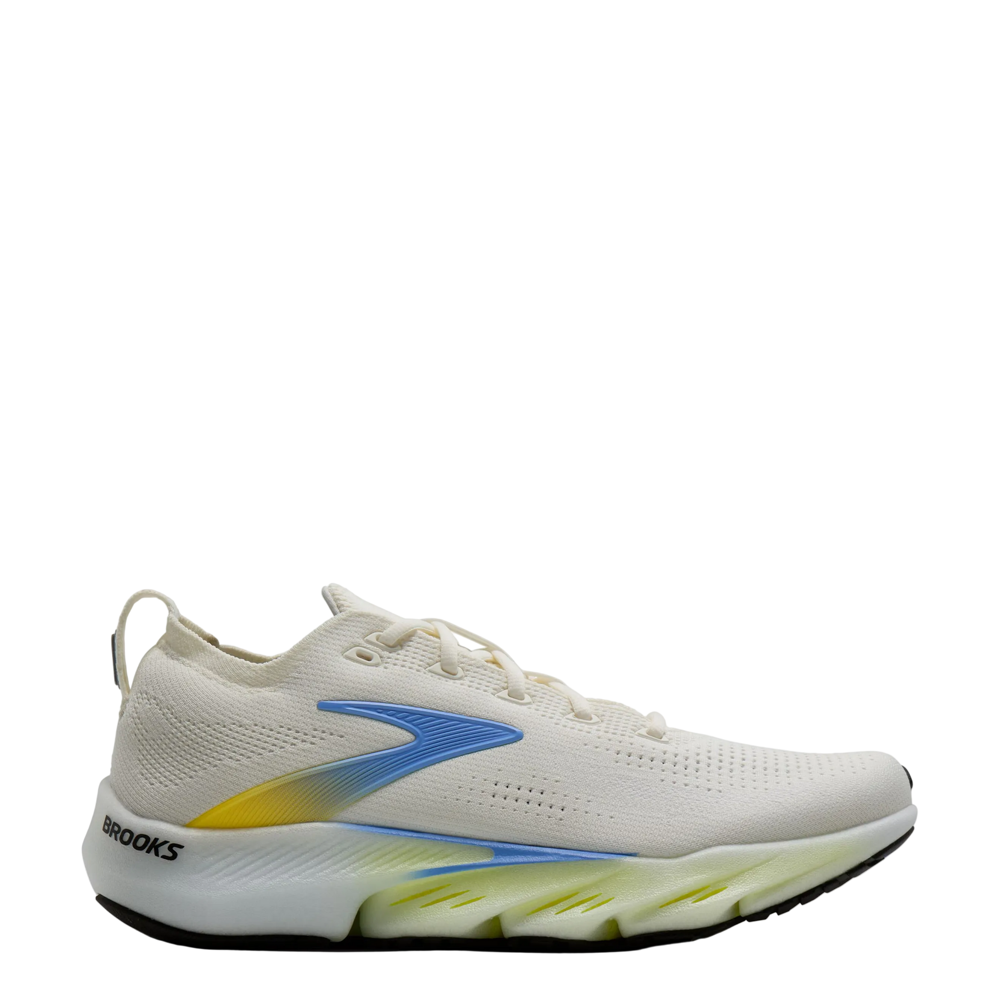 Brooks running shoe in white with a blue and yellow gradient logo on the side, shown in profile against a light gray background.