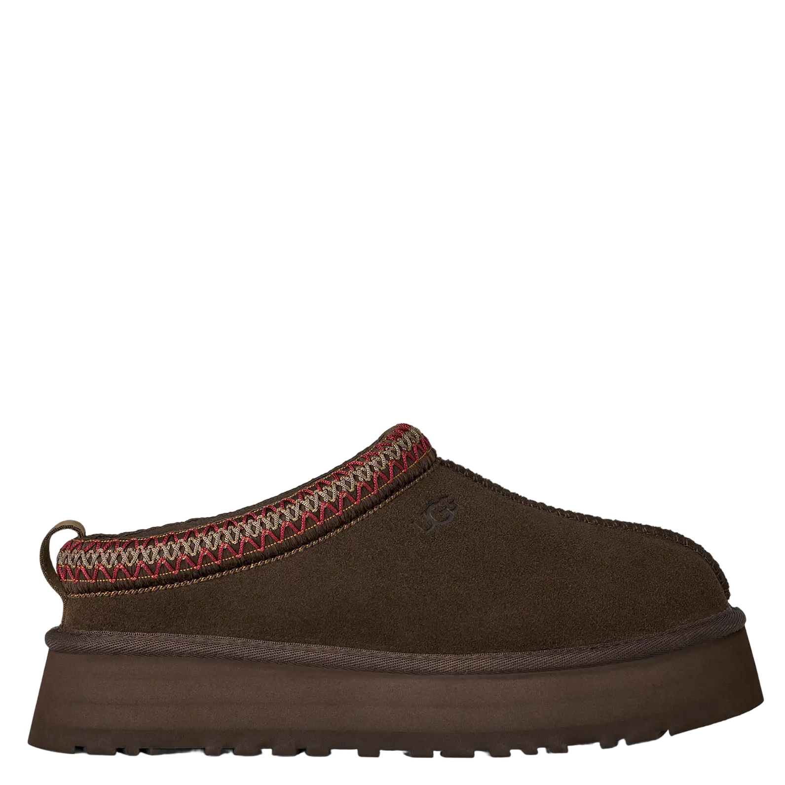 Brown slipper with patterned trim on a white background