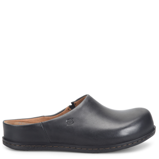 Black leather clog shoe on a white background