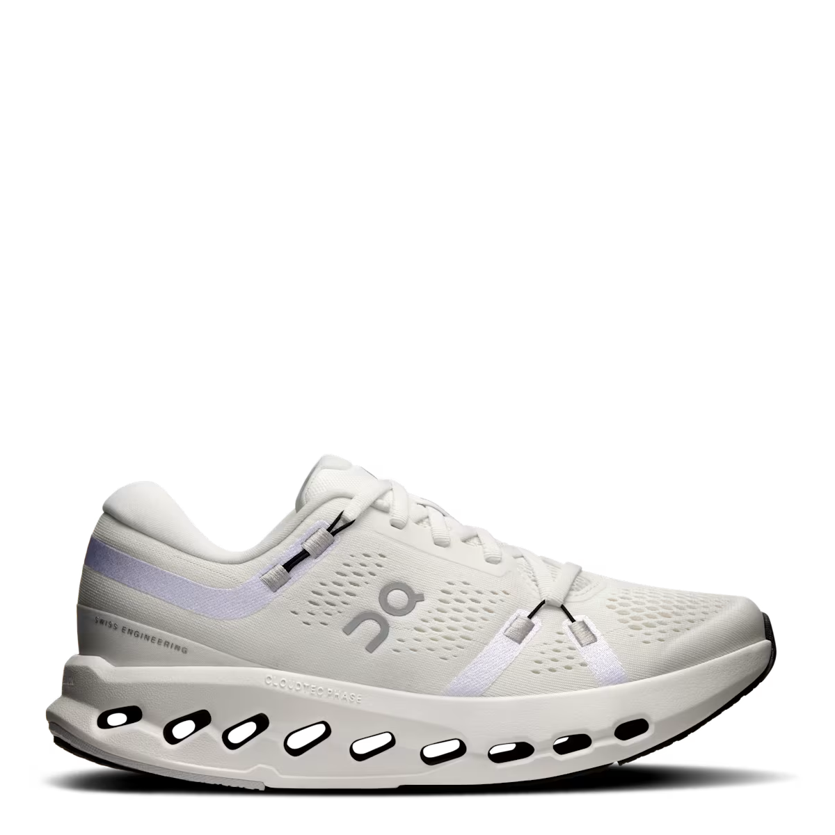 White running shoe with 'On' branding on a white background