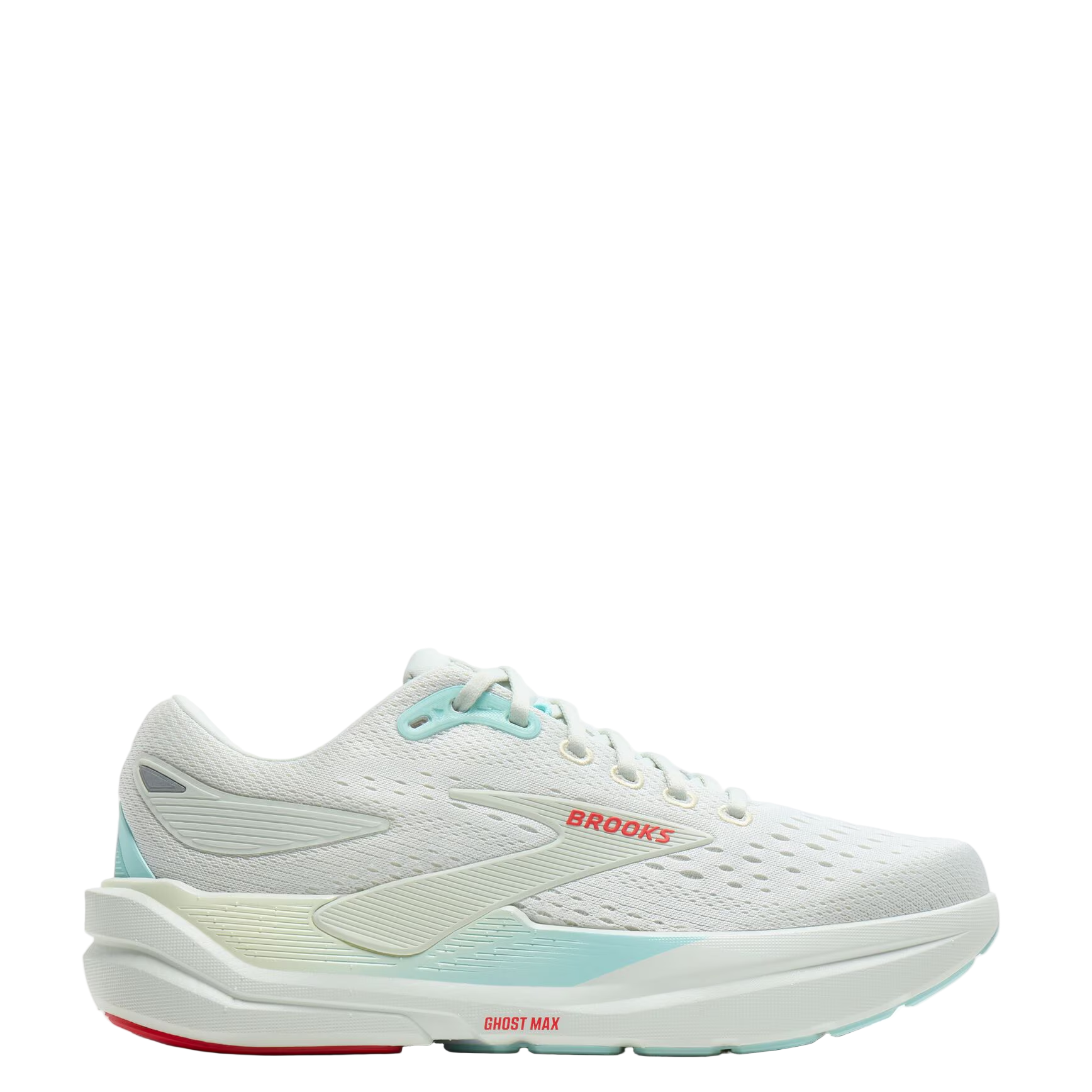 White running shoe with light blue accents on a white background