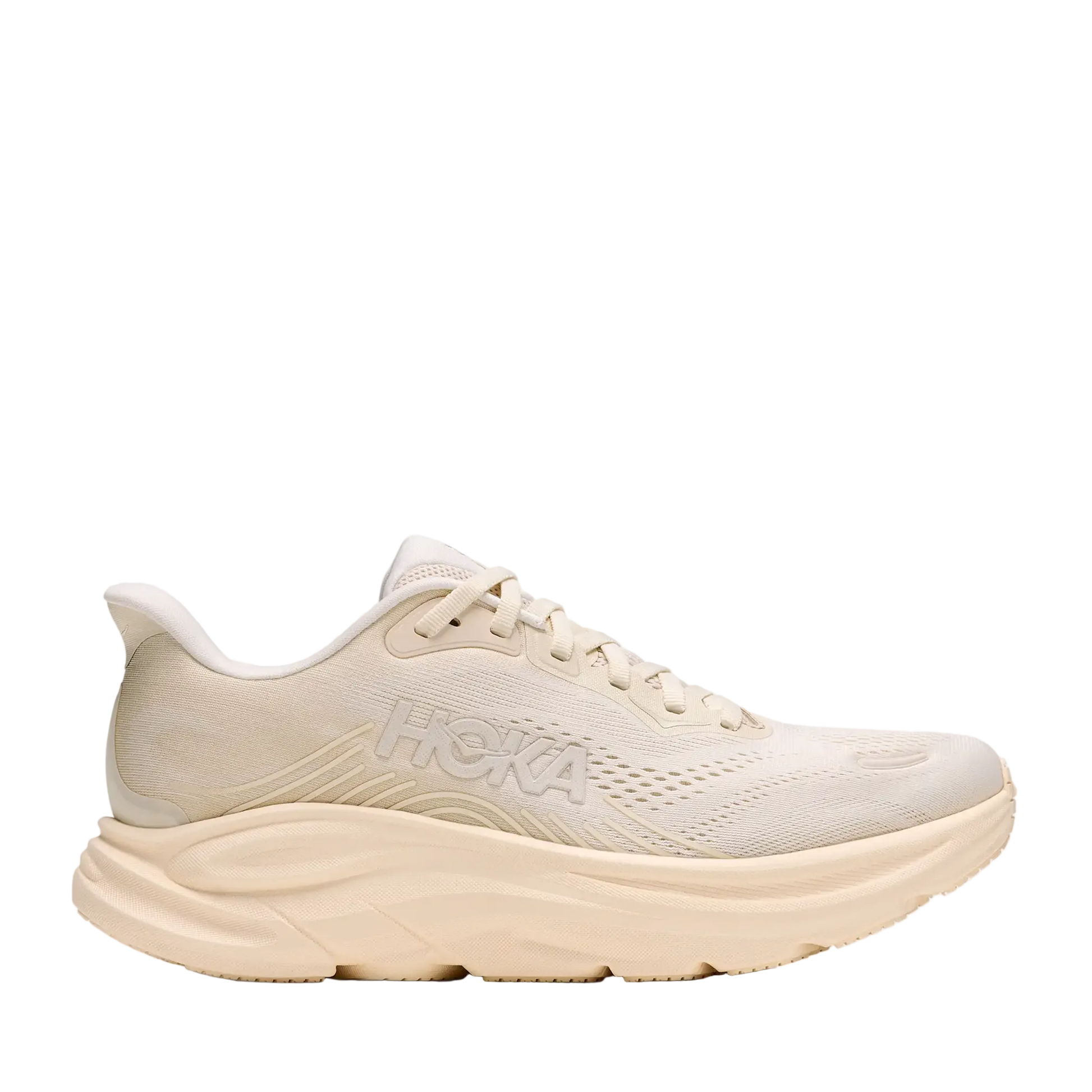 A single HOKA running shoe in a light cream/off-white colorway, shown from a side profile view against a clean white background.