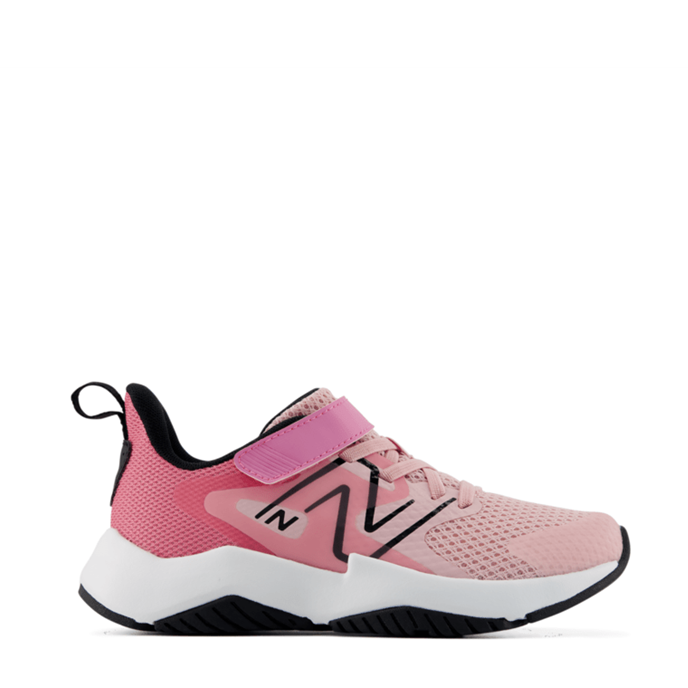 A pink New Balance sneaker with a hook-and-loop strap closure, black accents, and a white midsole, shown from a side profile on a white background.