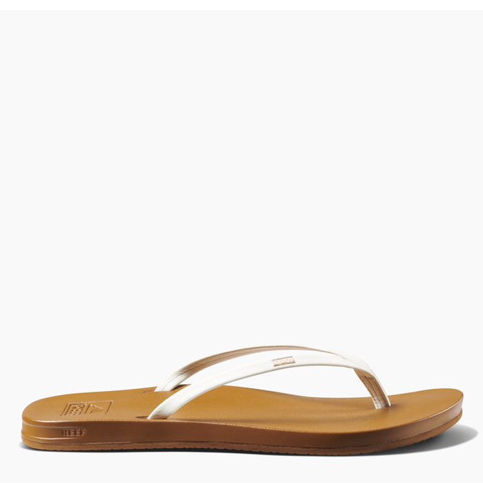 Tan sandal with a white strap on a white background
