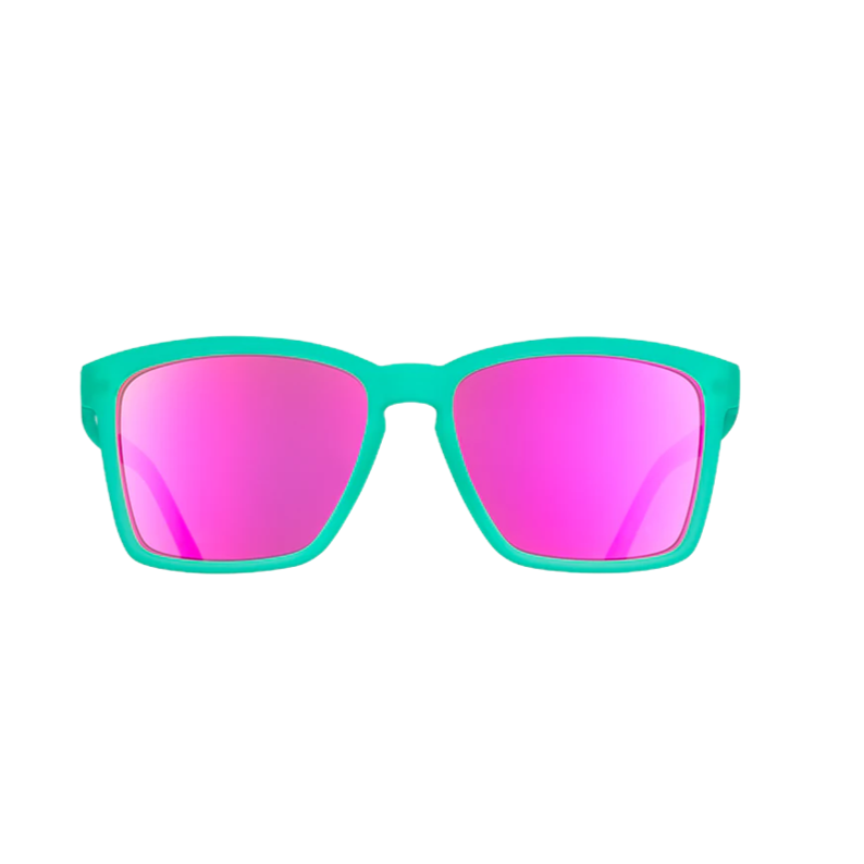 Sunglasses with green frames and pink lenses on a white background
