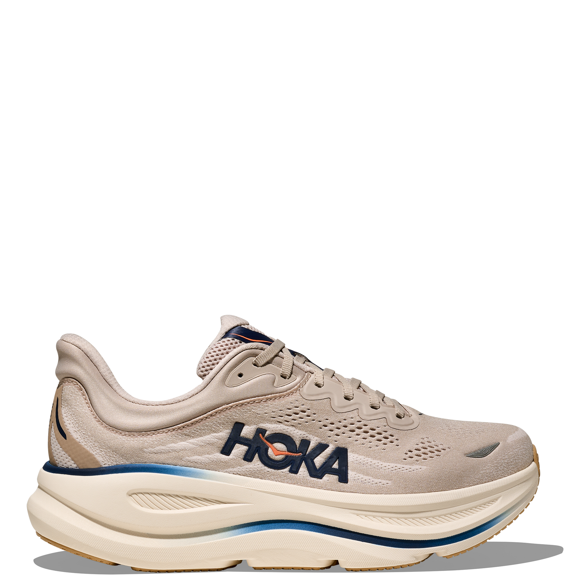 Beige running shoe with 'Hoka' branding on a white background