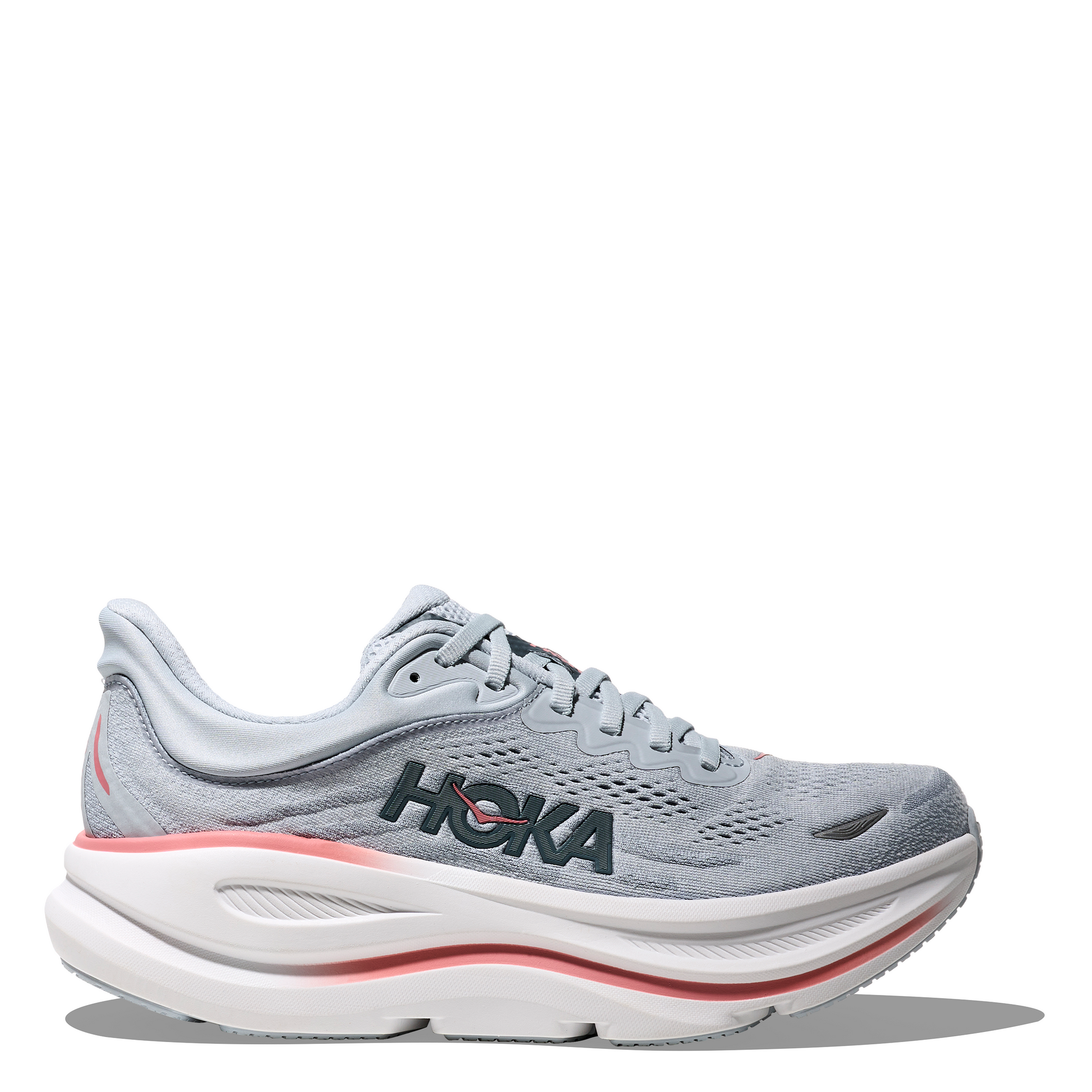 Gray running shoe with 'Hoka' branding on a white background
